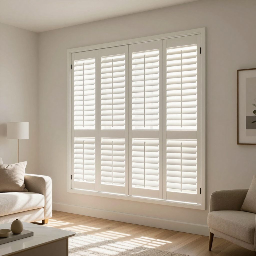 White plantation shutters on a living room window