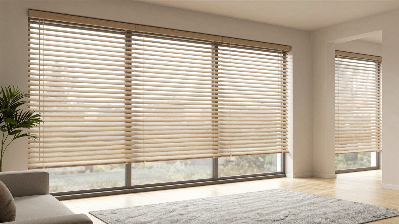 Faux wood blinds on a wide picture window in a bright living room