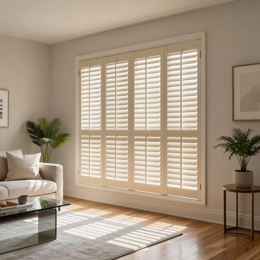 Light wood plantation shutters on living room windows