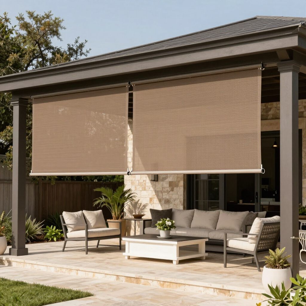Exterior solar shades lowered on a covered backyard patio