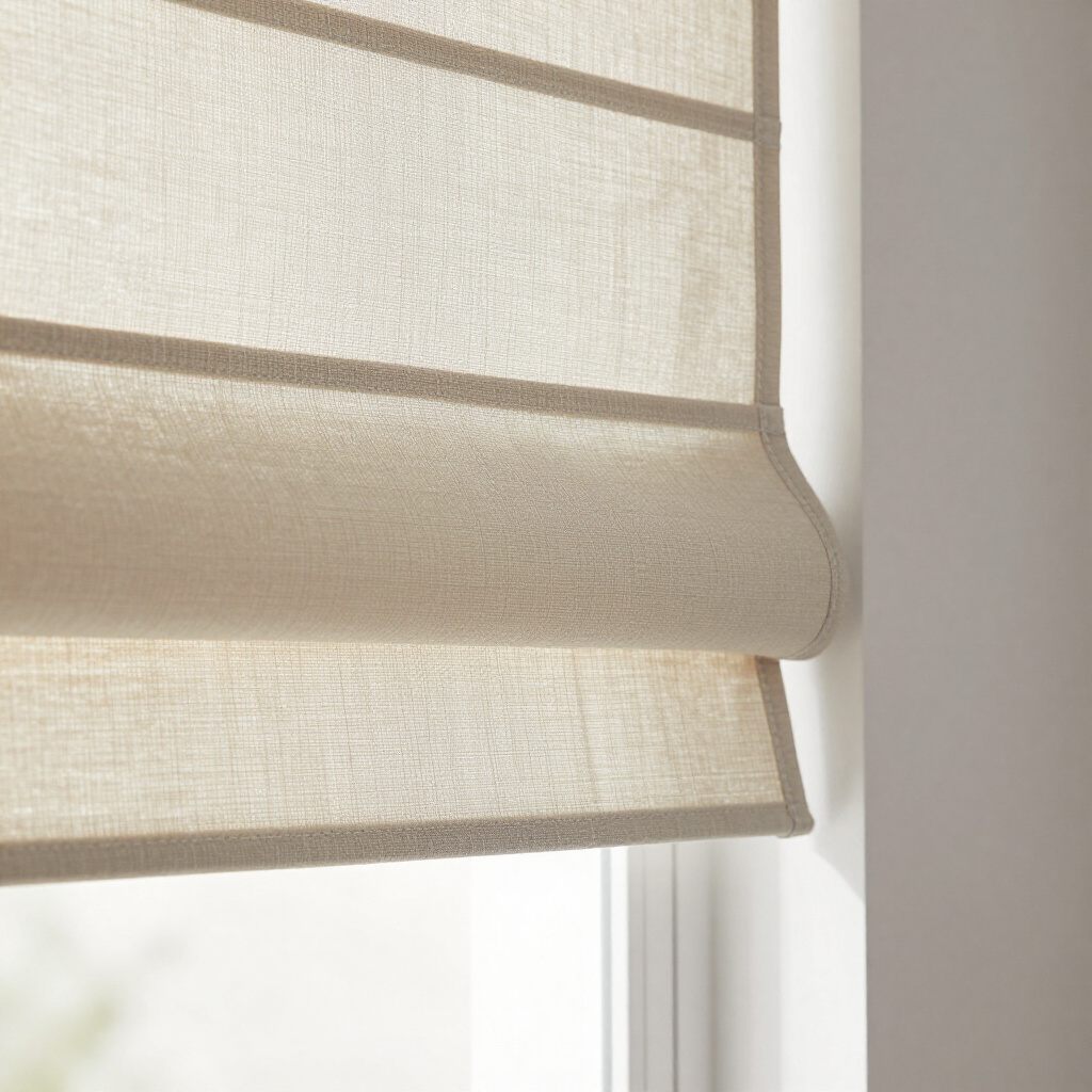 Linen Roman shade partly raised on a bright window