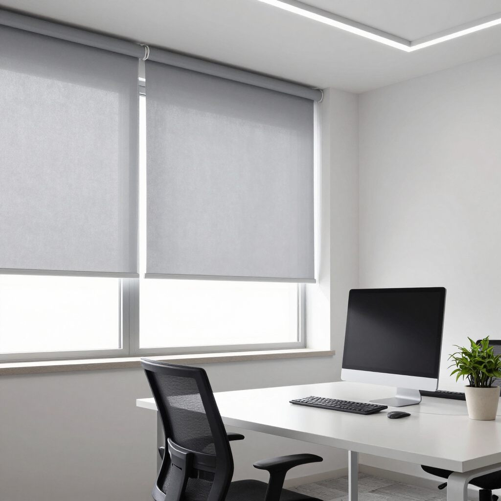Gray roller shades lowered over home office windows
