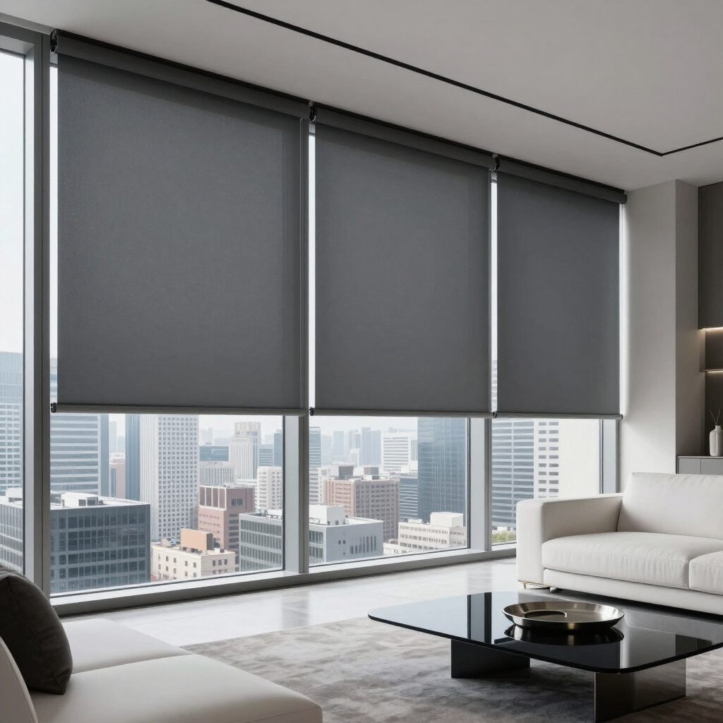 Dark roller shades over floor-to-ceiling windows with a city view