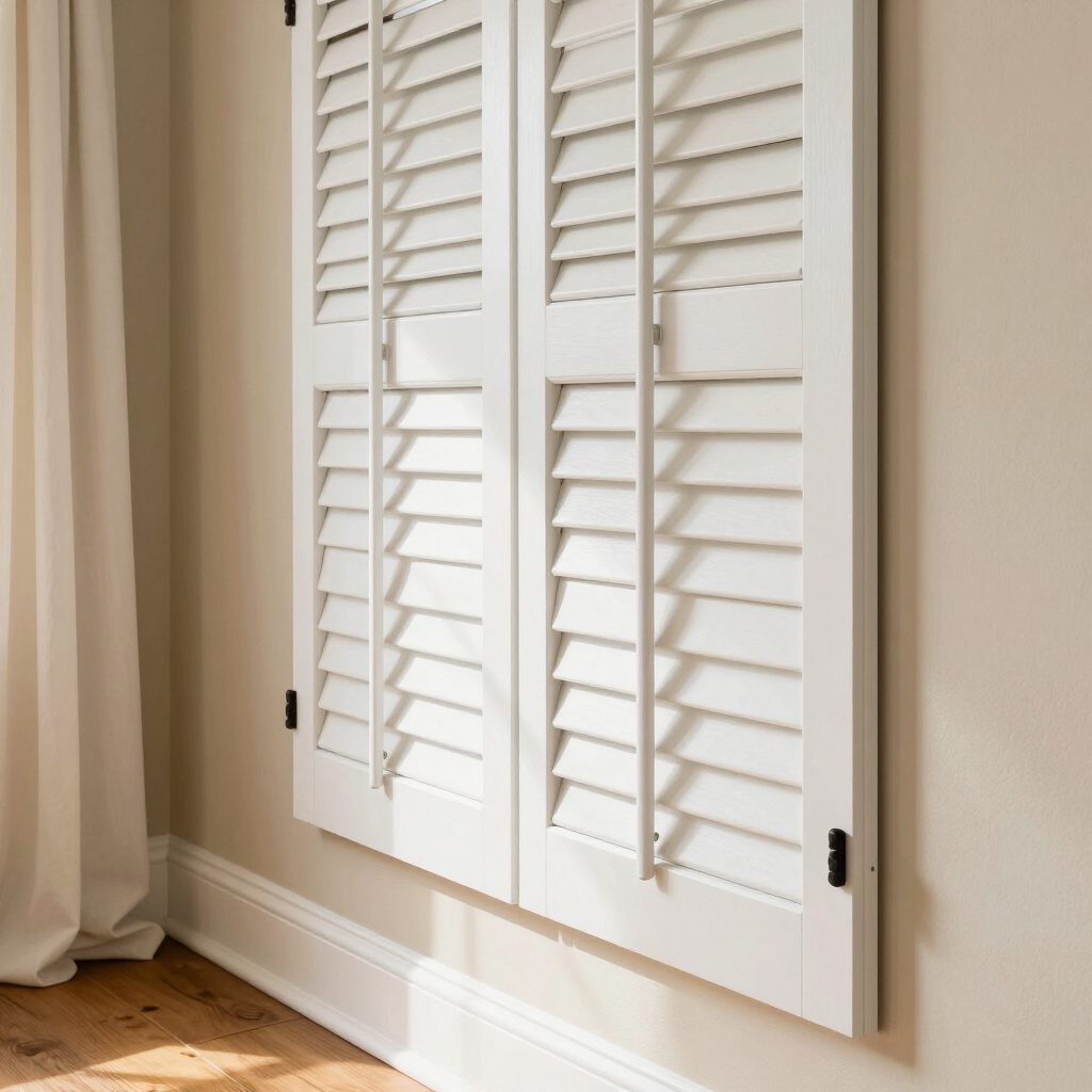 White plantation shutters closed over a tall window