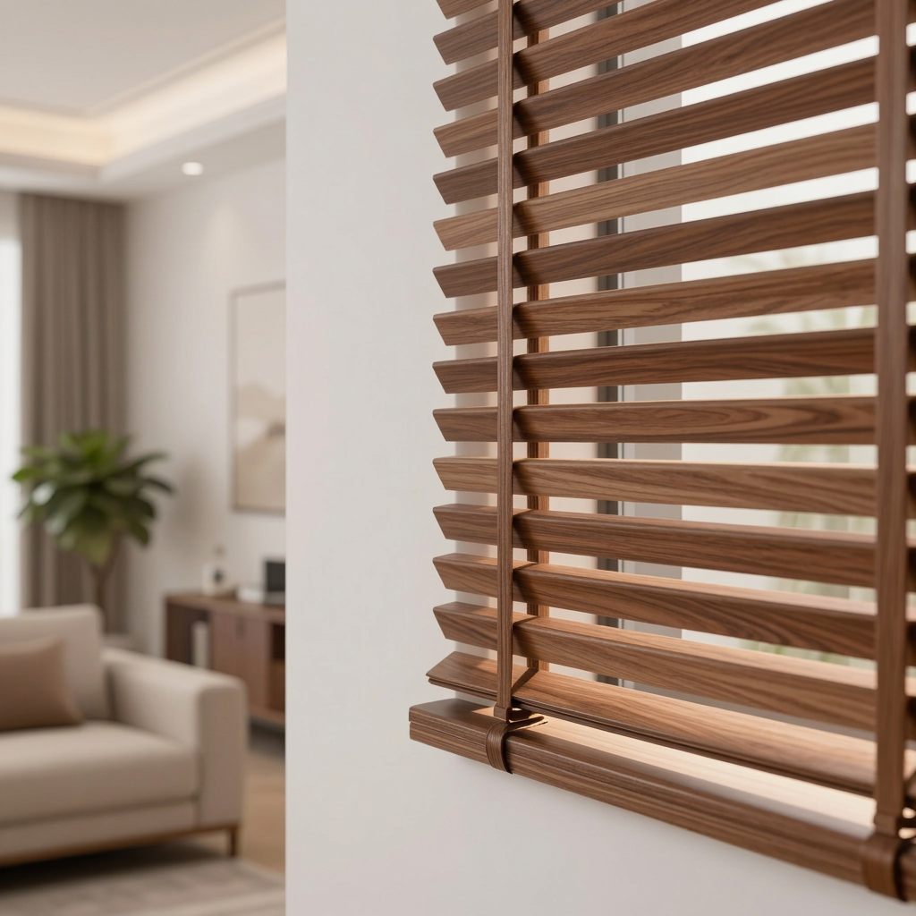 Close-up of wood blinds on a living room window